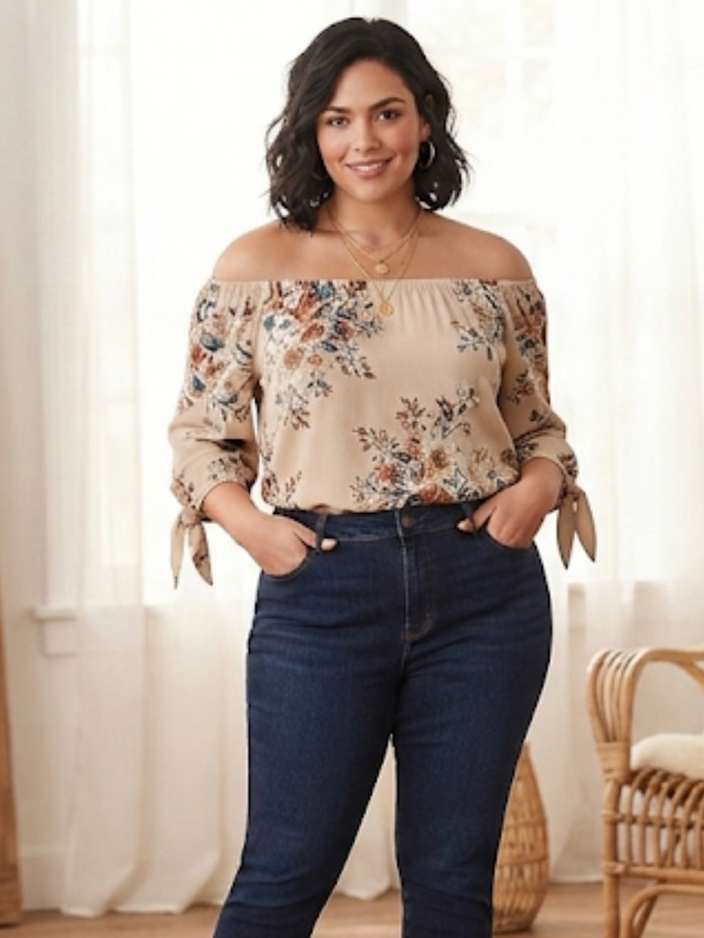 Rosegal 4XL Floral Blouse Fits 2X Beige Off Shoulder Peasant Top
